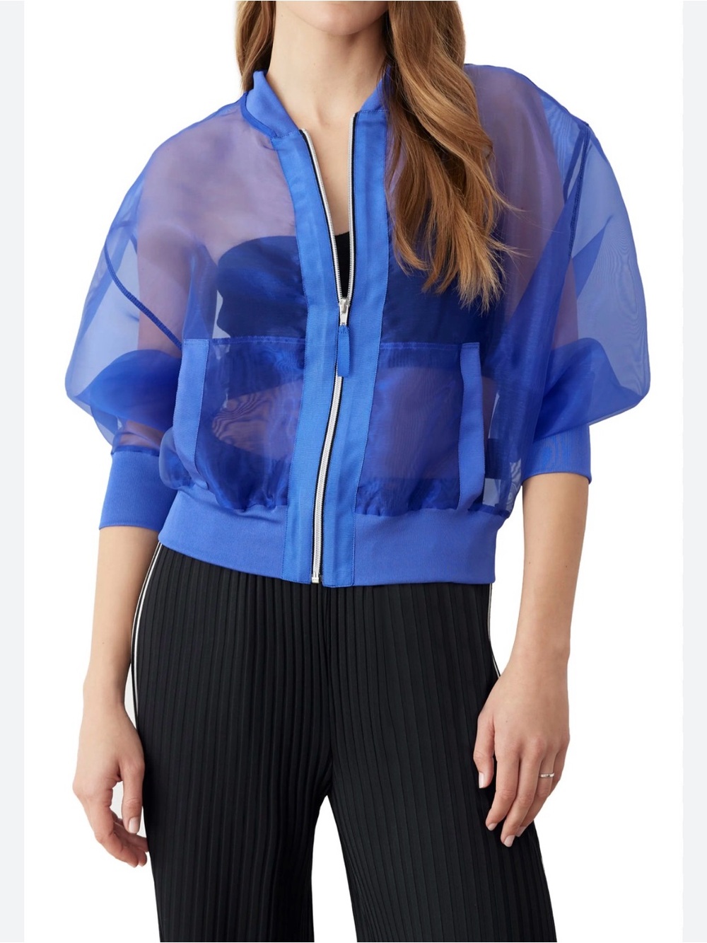 Sheer Royal Blue Short-Sleeve Bomber Jacket